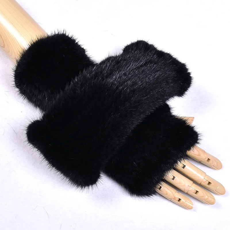 

Besfilin Real Mink Fur Genuine Hand Woven Half Finger Gloves in Winter Keep Warm for Men and Women Unisex High Elastic Mittens
