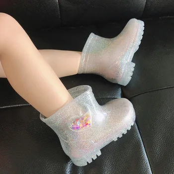 

Rain Boots Kids Cute Princess Crystal Children Shoes Baby Girl LED Light Fashion Heart High-Top Kids Winter Summer Luminous