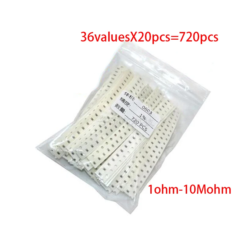 36valuesx20pcs=720pcs 0603 1ohm10mohm Smd Resistor Kit Assorted Kit 1