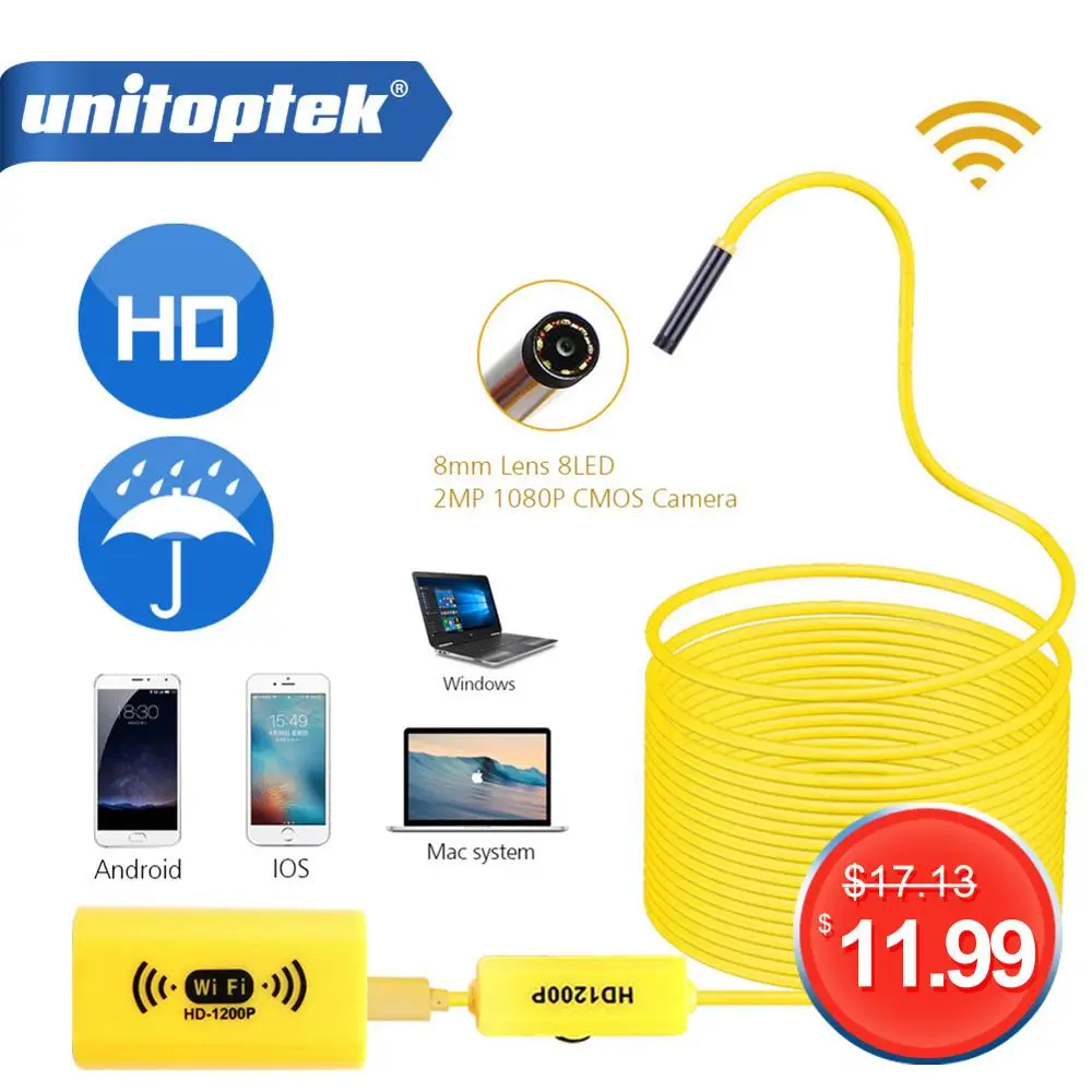 Full HD 1200P wifi эндоскоп камера водонепроницаемый 8 мм жесткий кабель змея беспроводной бороскоп 8LED 2MP USB камера IOS Android