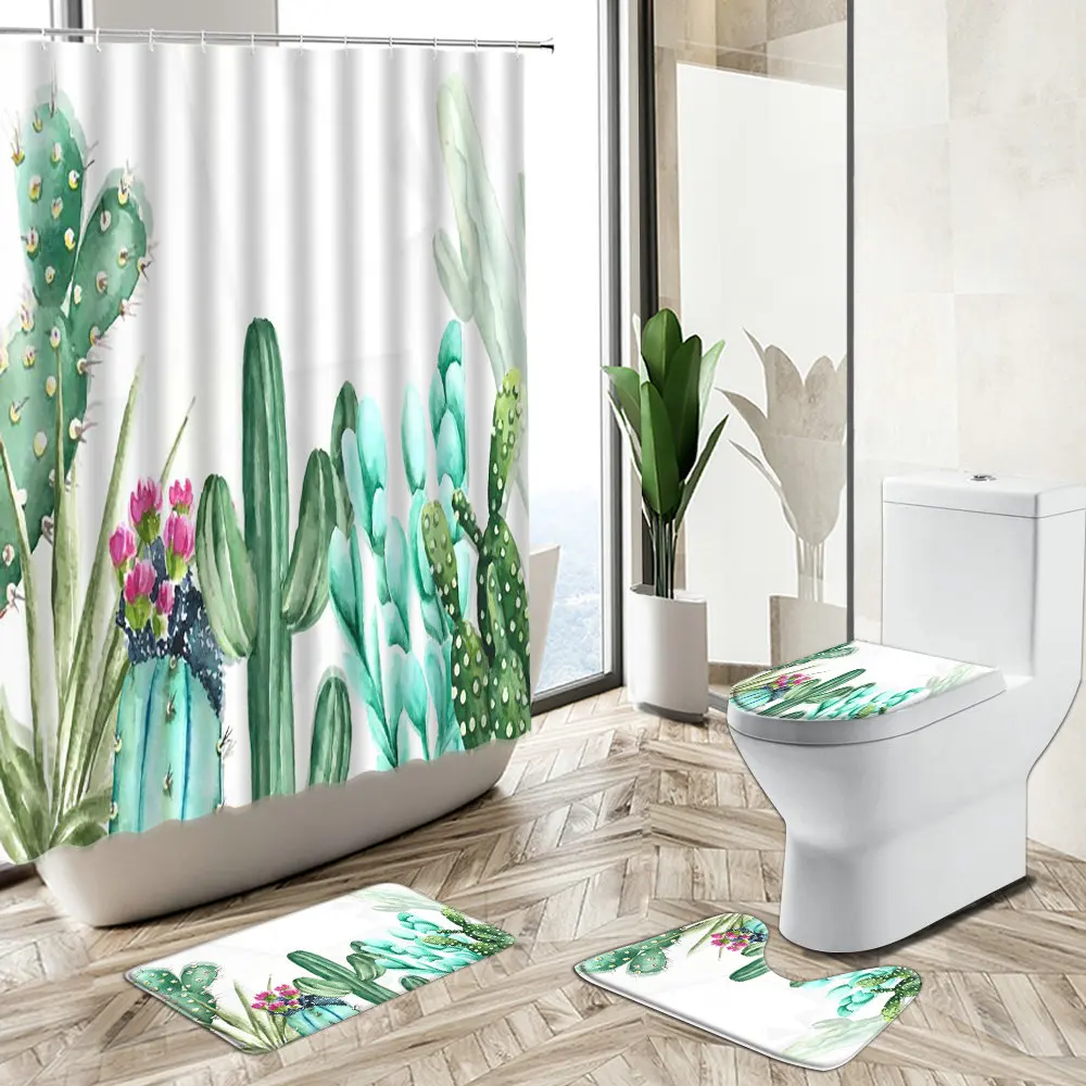 

Tropical Cactus Printed Shower Curtain Set Green Plant Floral Pattern Bathroom Bathtub Non-Slip Rug Toilet Lid Cover Bath Mat