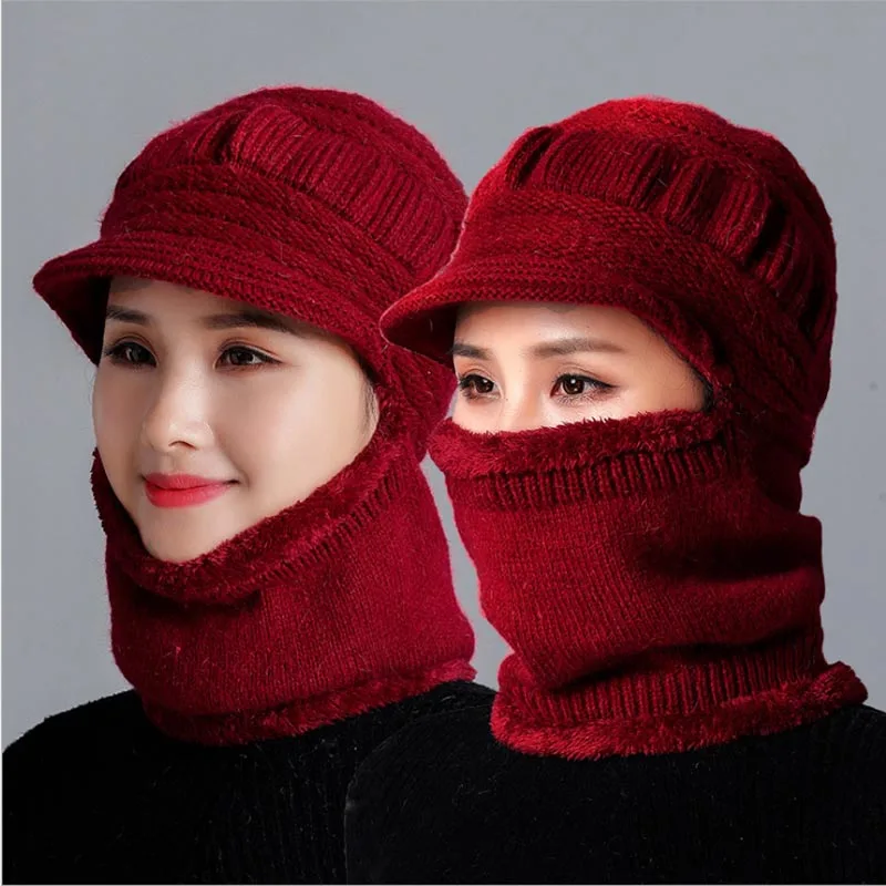 Зимние шапки Skullies Beanies, шляпа для мамы, модная женская шерстяная шапка-шарф, Балаклава, маска, шапка, вязаные шапки в полоску