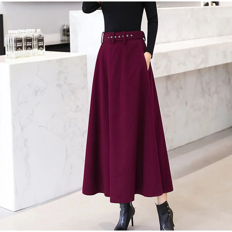 Autumn Winter Women's Woolen Maxi Skirts With Belt Pockets Vintage Wool Skirt Ladies Fashion Casual Khaki Streetwear Female