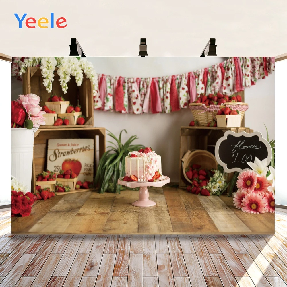 

Yeele Happy Birthday Cake Red Flowers Wood Flooring Background Backdrop Photophone Baby Photo Studio for Decor Customized Size