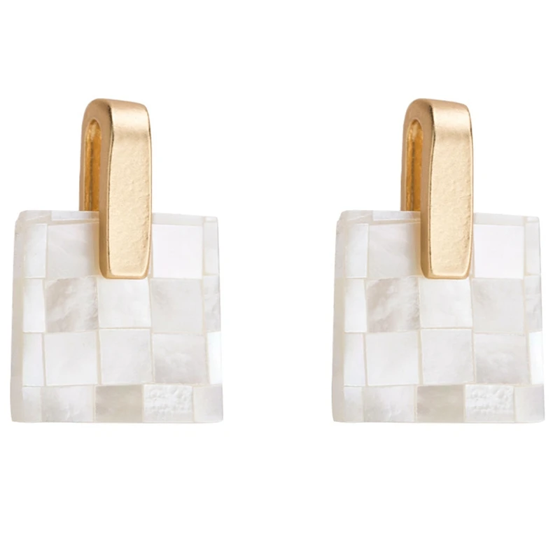 Simple White Square Earrings Small Square Geometric Shell Earrings Earrings Female Retro Earrings Ear Clip Female