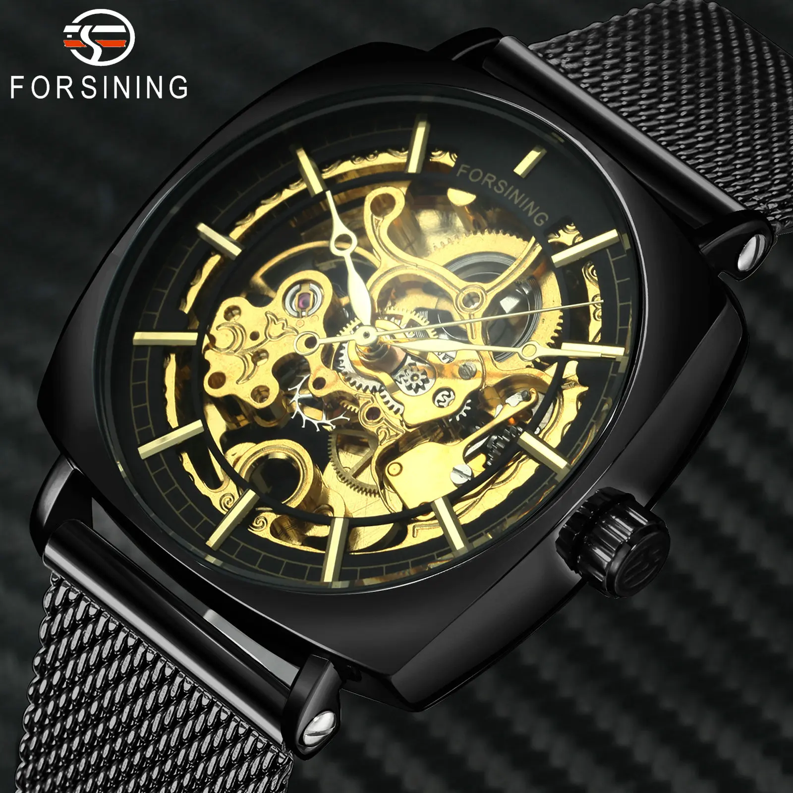 

FORSINING Skeleton Automatic Watches Top Brand Luxury Golden Mechanical Watch Men Steel Mesh Strap Carved Square Wristwatch NEW