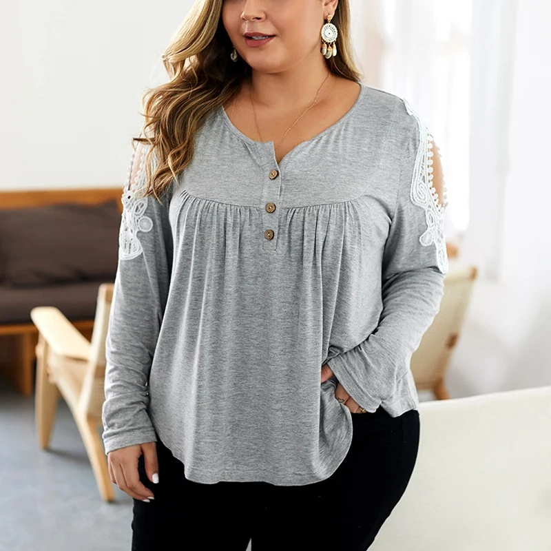 

Autumn and winter large size T-shirt women's 5XL-9XL fashion long-sleeved embroidery button round neck solid color bust 143CM