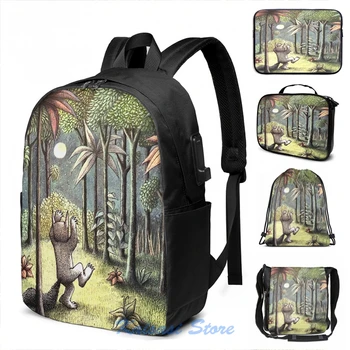 

Funny Graphic print Where The Wild Things Are USB Charge Backpack men School bags Women bag Travel laptop bag