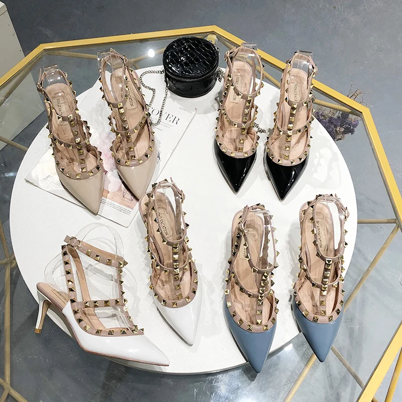 

Rivet heels stiletto pointed women's shoes women's high heels sexy spring summer 2020 fashion sandals office dress white and bla