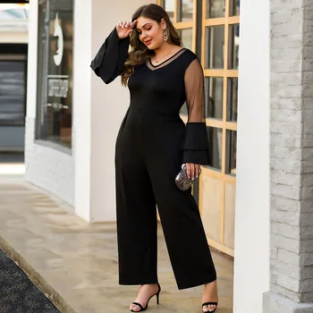 

Fadzeco Women Plus Size Jumpsuit Autumn Winter Sexy V Neck Ruffle Sleeve Mesh Patchwork Wide Leg Club Jumpsuit Women Rompers