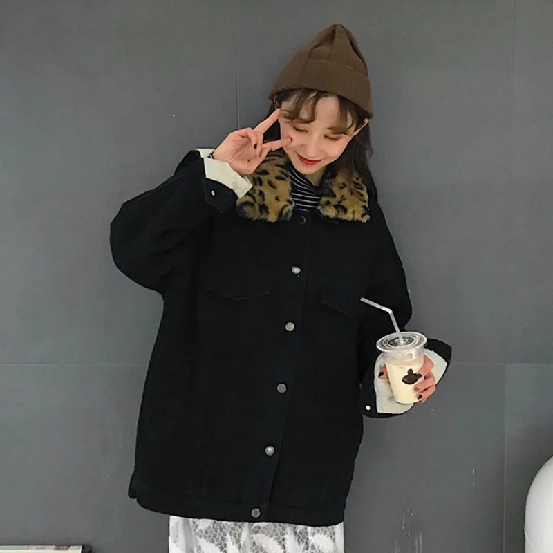 

Winter New Style WOMEN'S Dress Korean-style Cool Leopord Pattern Fold-down Collar Jeans Coat Students Warm Cotton-padded Clothes
