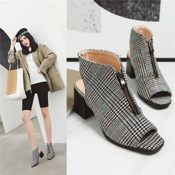 

2020 New Women Sandals Gladiator High Heels Zipper Fish Mouth Shoes Female Fashion Summer Gingham Ankle Boots Zapatillas Mujer