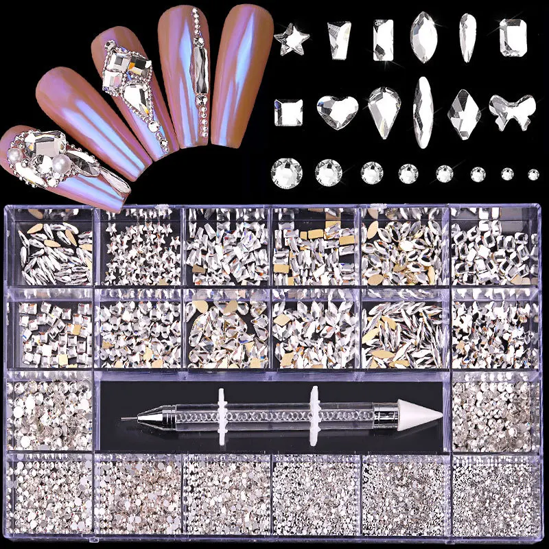 Flatback Nail Art Rhinestone Set With Gift Box Mixed Sizes NailArt Crystal Diamond In Grids 21 Special Shaped With Pick Up Pen 