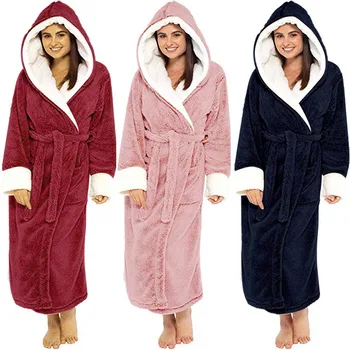 

Women Winter Long Bathrobe Thick Warm Fleece Solid BathRobe Plus Size Loose Female Home Clothes Long Sleeved Robe Coat 2020