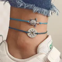 Панк компас черепаха шарм браслеты для женщин мужские аксессуары ручной работы Синий Зеленый плетение ножной шнур-браслет набор ног Ювелирные изделия