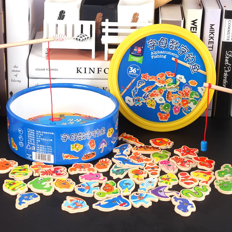 

Children'S Educational Magnetic with Numbers Lettered Barrel Fishing Game Wood Fun Parent And Child Double Poles Fishing Interac