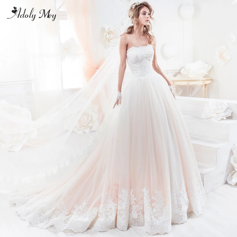 

Adoly Mey New Gorgeous Appliques Court Train A-Line Wedding Dresses 2020 Luxury Beaded Strapless Backless Princess Bridal Gowns