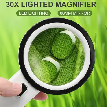 

Magnifying Glass Practical Durable 12 LED Lights 30X Jewelry Archaeology Glass Lens Biological Reading Hand Held Magnifier