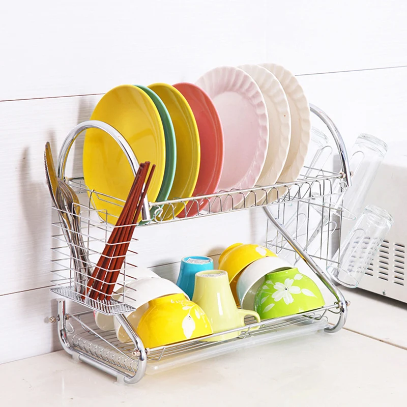 

2-layers Dishes Drying Rack Multifunctional Cup Holder Tableware Storage Organizer MU8669