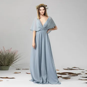 

Simple Solid Long Elegant V Neck Summer Party Dress Sexy Chiffon Batwing Sleeve Women Dresses Vestidos