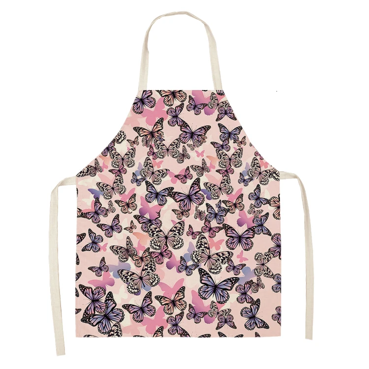 1pcs Butterfly Sleeveless Apron Cotton Linen Flower Printed Kitchen Pinafore Women Home Cooking Baking Waist Bib 53*65cm WQL0147 - Color: WQL0147-14