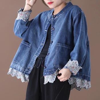 

[EWQ] 2020 Spring Autumn New Pattern Round Collar Long Sleeve Patchwork Washed Lace White Lace Vintage Denim Coat Women AK469