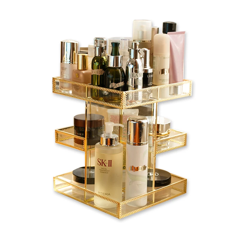 Transparent glass rotating cosmetic storage box desktop retro skin care dressing table lipstick finishing rack | Дом и сад