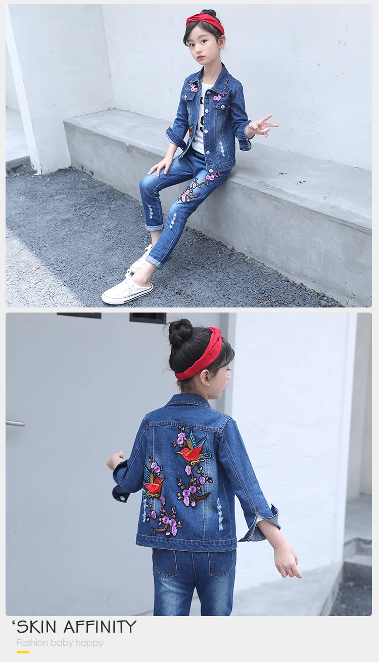 Boutique Kids Spring Autumn Floral Two Piece Outfit Embroidery Purple Flowers Jacket Girls Denim Matching Jeans Set