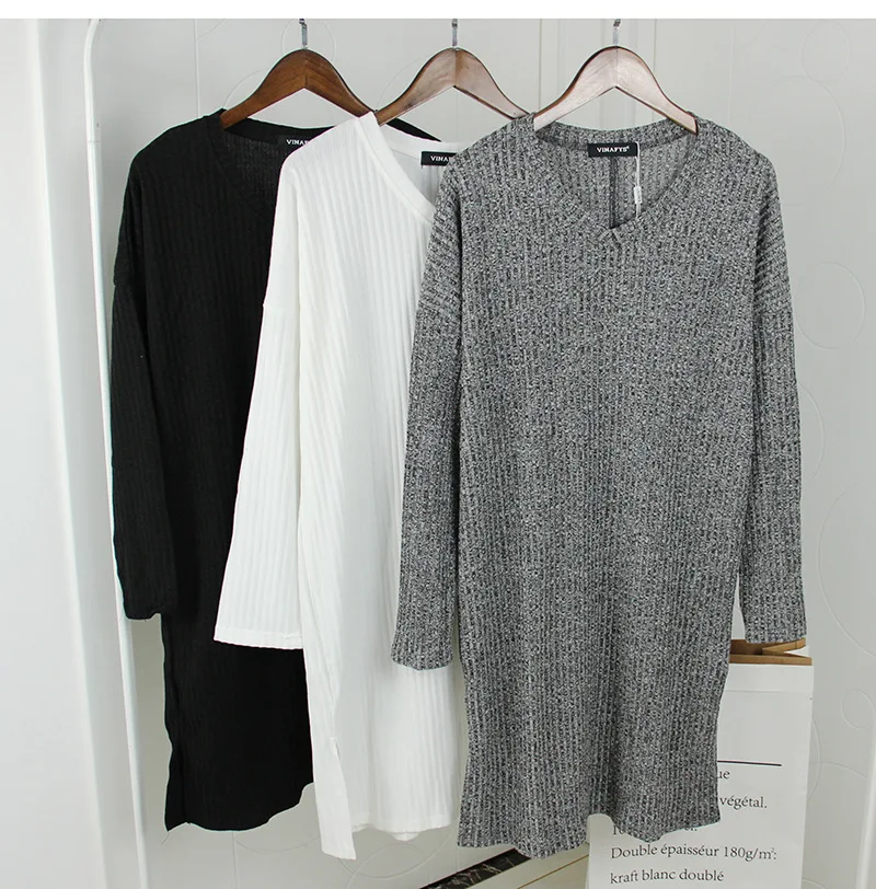 

Mid-length V-neck Sweater Autumn New Style Laziness-Style Loose-Fit Solid Color Long Sleeve Thread Base Shirt Dress Women's