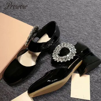

Prowow New Summer Fashion Genine Leather Crystal Buckle Strap High Heels Thick Heel Square Toe Pumps Shoes Women