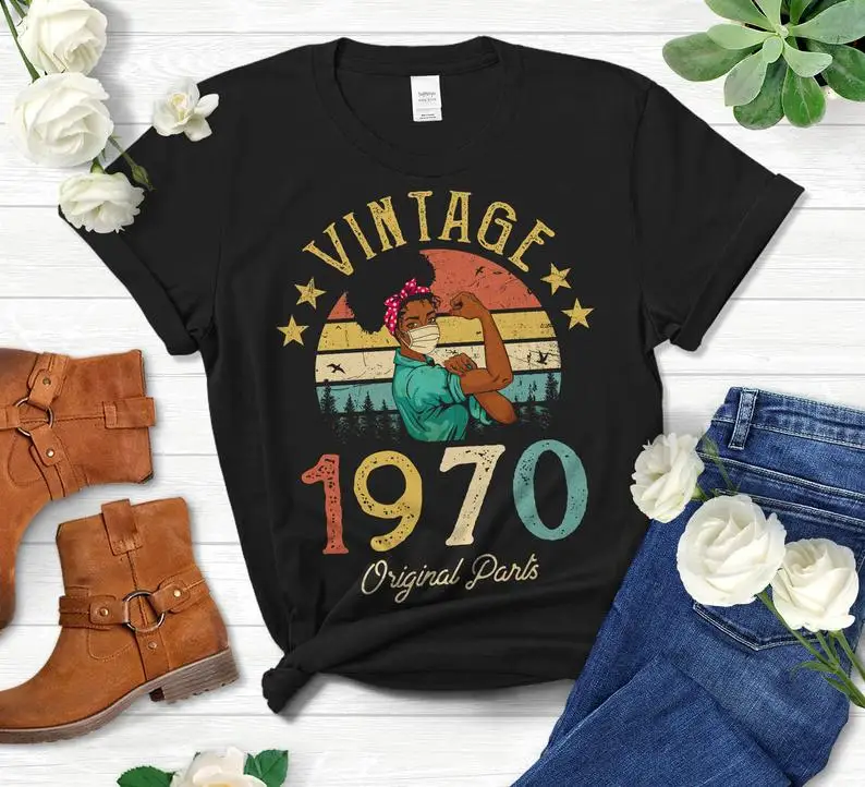 Camiseta Vintage de Partes originales para mujer afroamericana con máscara, regalo de cumpleaños para niña, madre, hija esposa, 1970