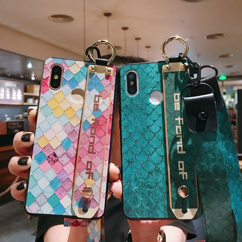 

Fish Scale Pattern Strap Stand Case for Xiaomi Redmi Note 7 mi 8 9 se Lite Pro 5 Soft Silicone TPU Cover With Neck Wrist Lanyard