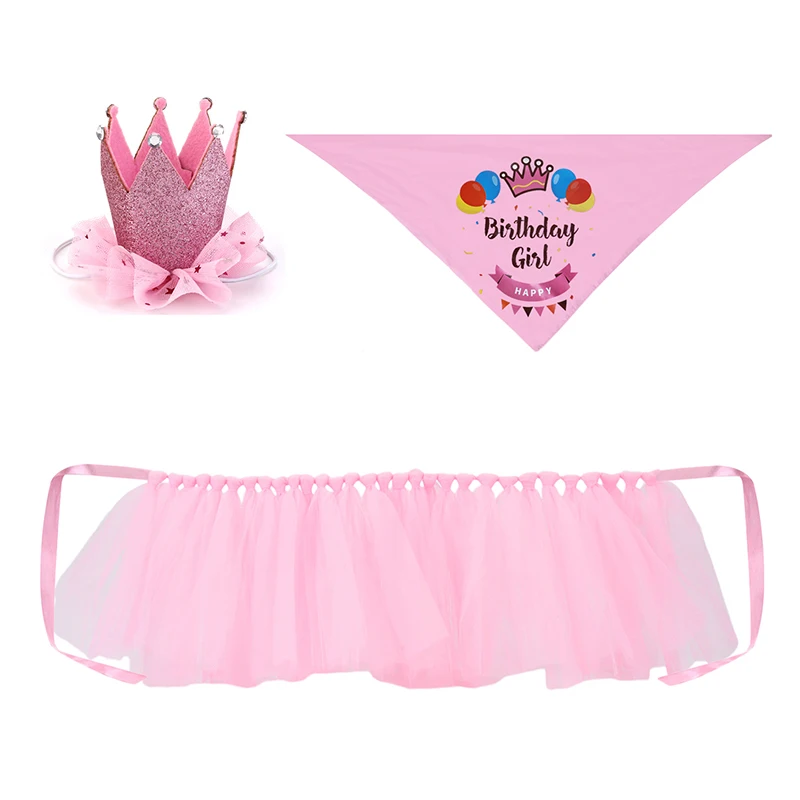 Dog Party Supplies Pet Tutu Skirt Bandana and Crown Pet Birthday Costume Skirt with Crown Headband