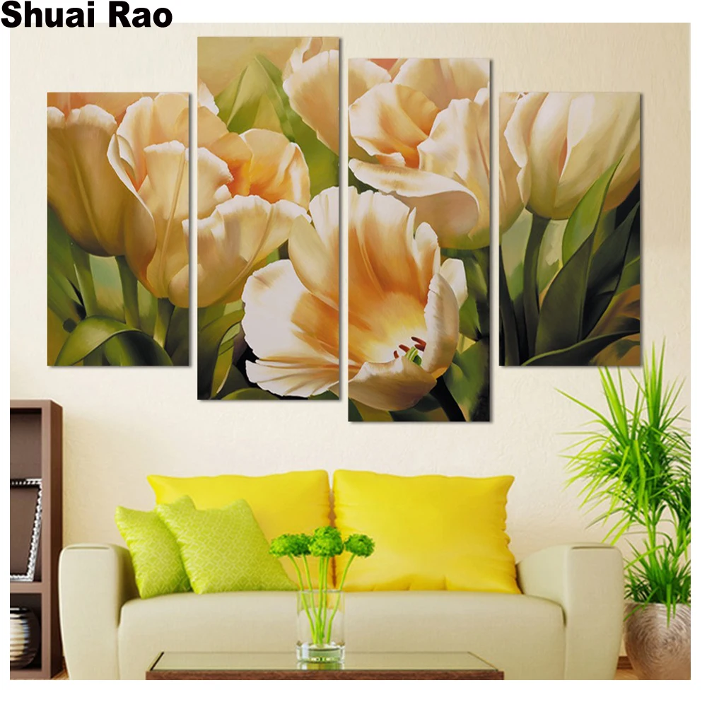 Full DIY 5D Diamond Painting Tulip Flower 4 pcs Cross Stitch Square Embroidery Patterns round rhinestones Mosaic | Дом и сад