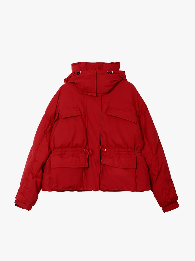 [11,11] IRINACH77 зимняя новая коллекция Спортивная стильная женская куртка с капюшоном на белом утином пуху красного цвета