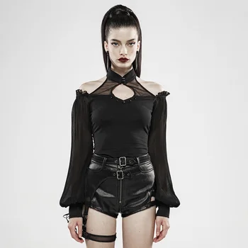 

PUNK RAVE Women Gothic Mysterious Soul Long Sleeve T-shirt Knit Pleated Chiffon Lantern Sleeves Hollow Off Shulder Sexy Shirt