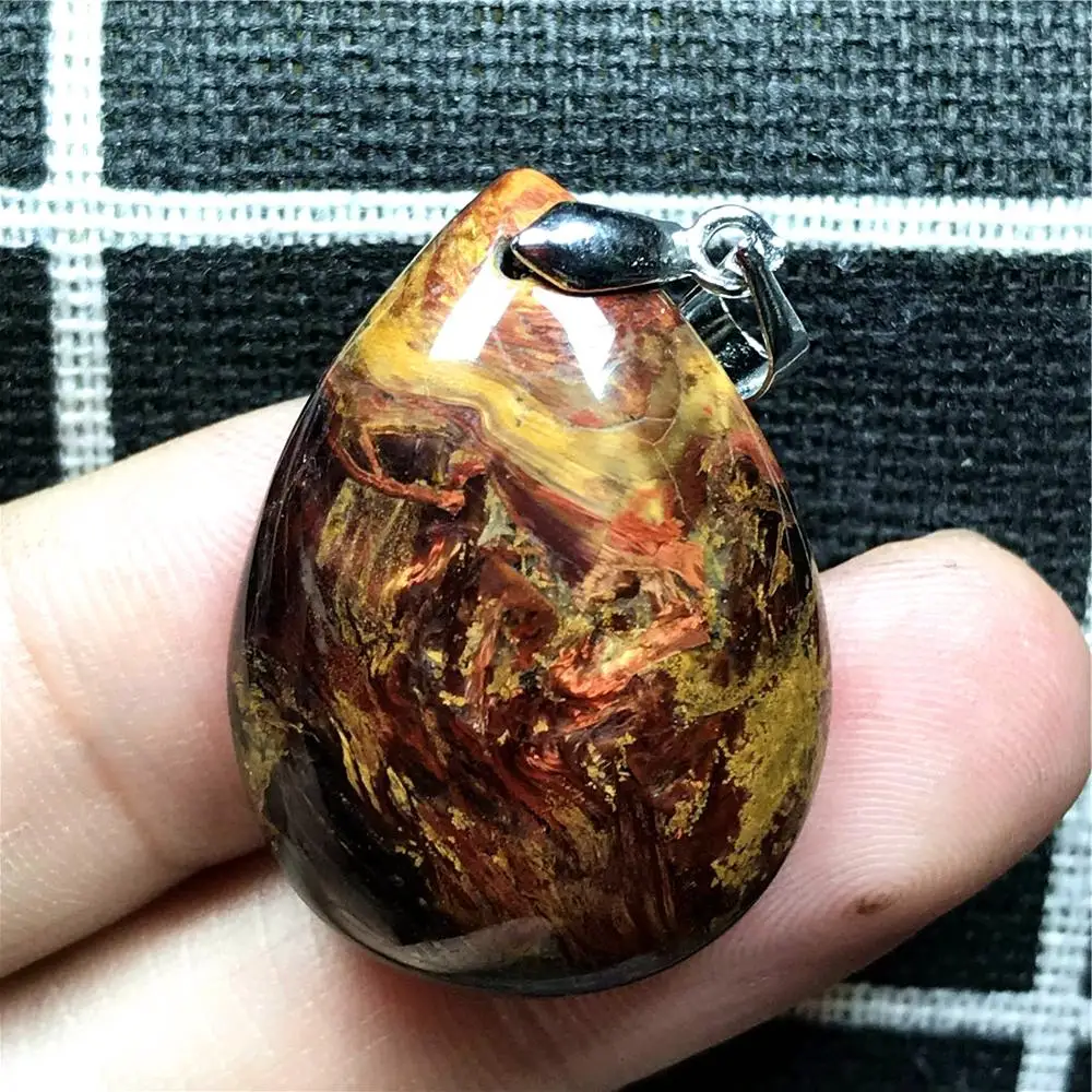 

Top Natural Red Red Yellow Pietersite Necklace Pendant For Woman Man Crystal 29x21x7mm Water Drop Silver Stone Jewelry AAAAA