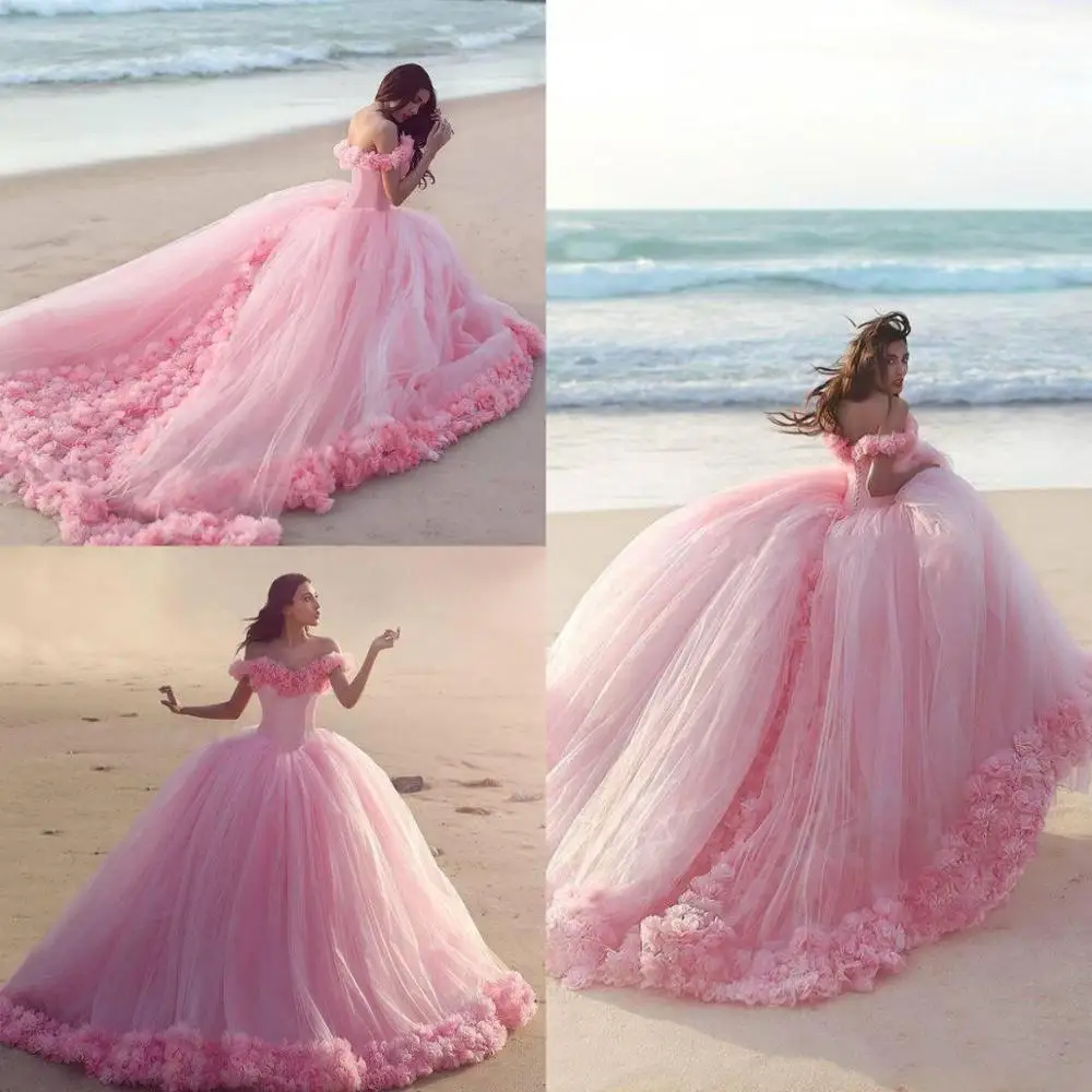 Розовые платья Quinceanera с платье с цветочной аппликацией, с открытыми плечами, с юбкой из тюля; милое бальное платье 16 халаты de Вечер
