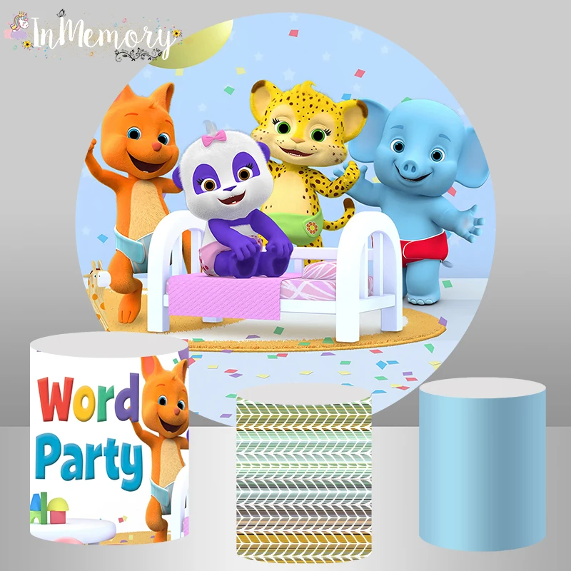 Cartoon Animals Word Party Round Backdrop Baby Kids First Birthday Decor Photo Studio Cake Table Banner Plinth Covers | Электроника