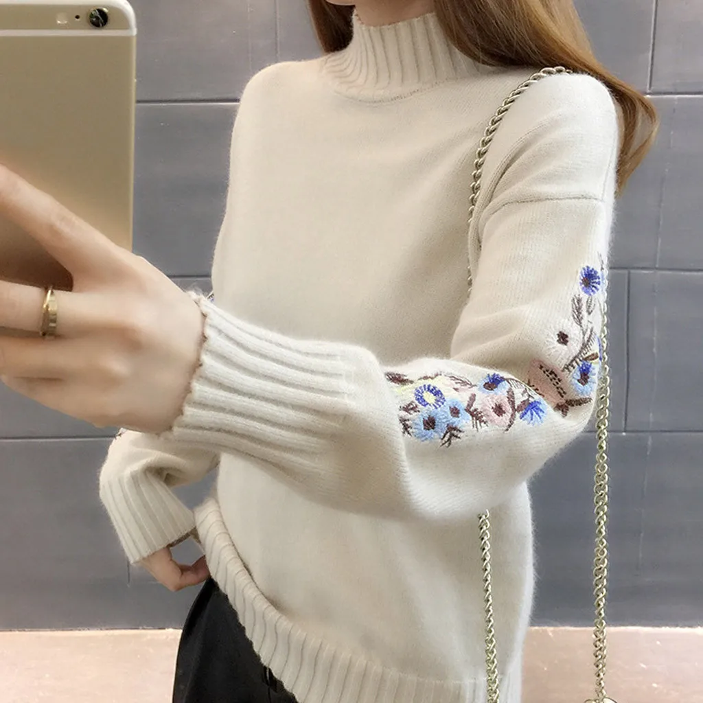 

2020 Summer Thick Warm Beautiful Embroidery Turtleneck Sweater Women Long Sleeve Knit Pullover Sweater Female Pull Femme #LR4