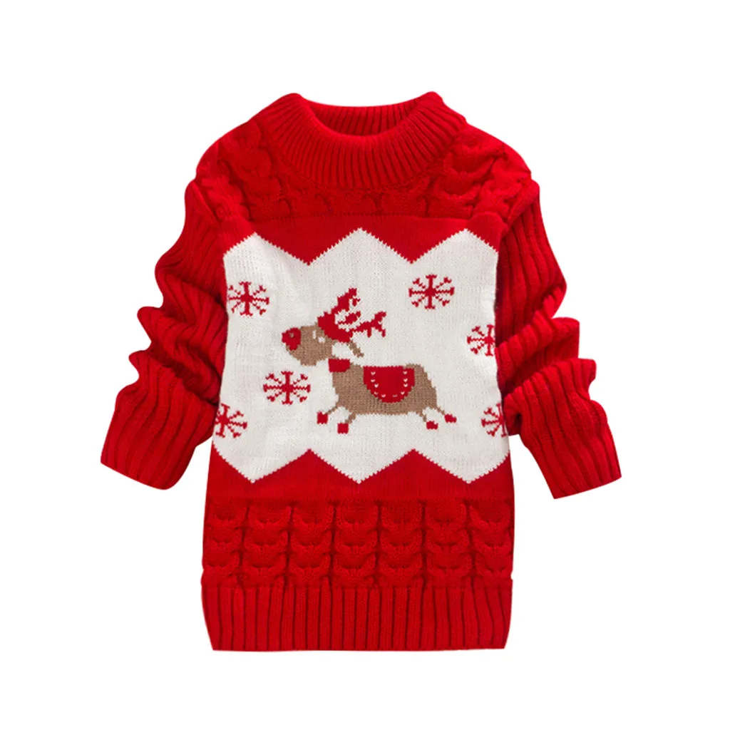 Свитер для малышей; топы для детей; теплый свитер с рождественским оленем для девочек; вязаная футболка с длинными рукавами; теплая однотонная одежда с оборками - Цвет: Red A
