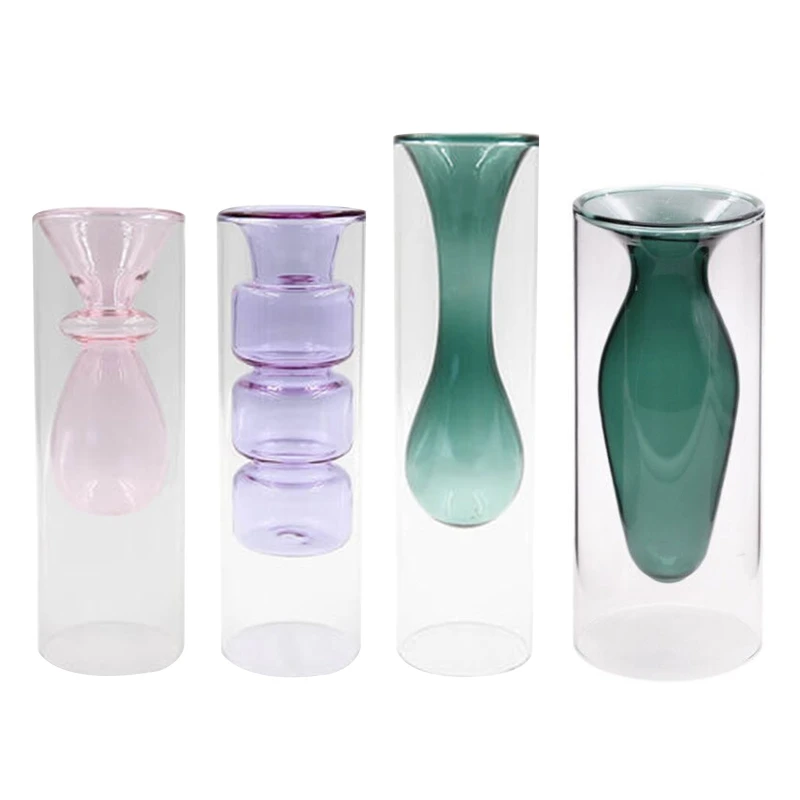 

Colored Glass Bud Vase, Double Walled Glass Vase, Decorative Creative Crystal Decor Ideal for Tablescape at Weddings