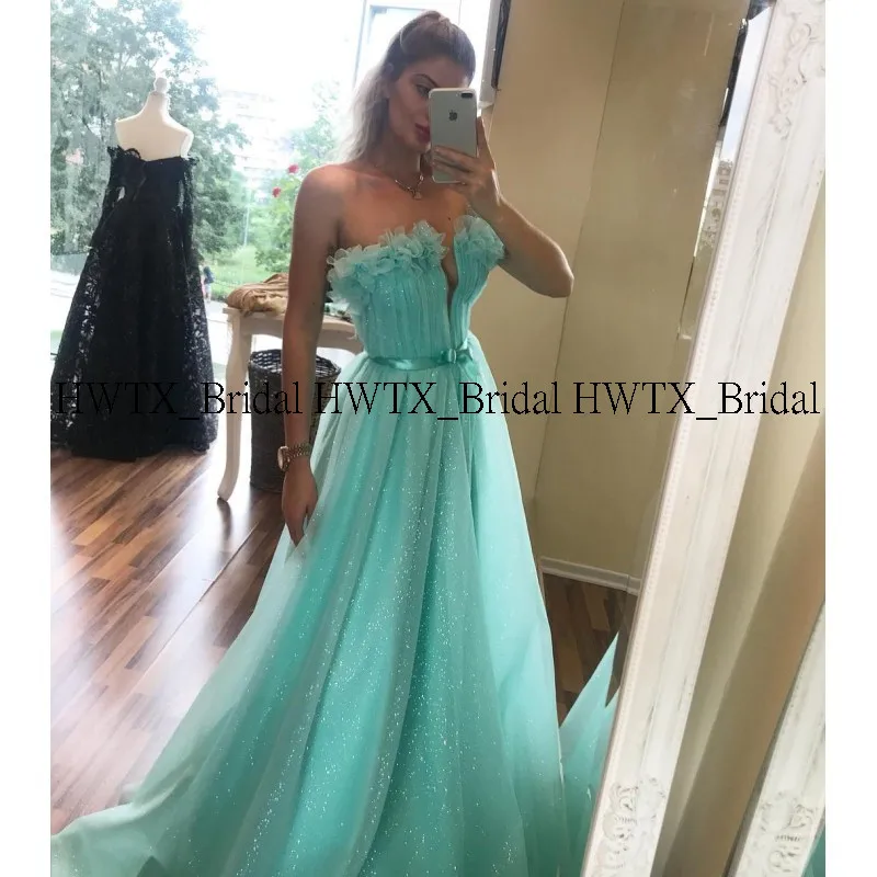 

HWTX_Bridal Mint Green Long Prom Dresses 2020 New Sequins Tulle A-Line Formal Party Evening Gown Vestidos de fiesta Customized