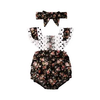 

Newborn Baby Girls Bodysuits Headband 2pcs Floral Print Ruffles Lace Short Sleeve Jumpsuits Clothes Outfits Sunsuit