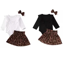 Осенний комбинезон с длинными рукавами для новорожденных девочек; Топы+ леопардовая юбка+ повязка на голову; комплект одежды для детей от 0 до 24 месяцев