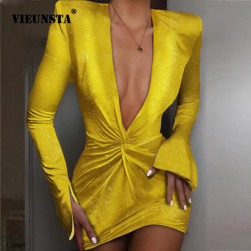 Goede Sexy Satin Party Dress Vrouwen Herfst V hals Ruches Club Bodycon Jurk Elegante Lange Mouwen Dames Jurken Mini Vestidos 2019