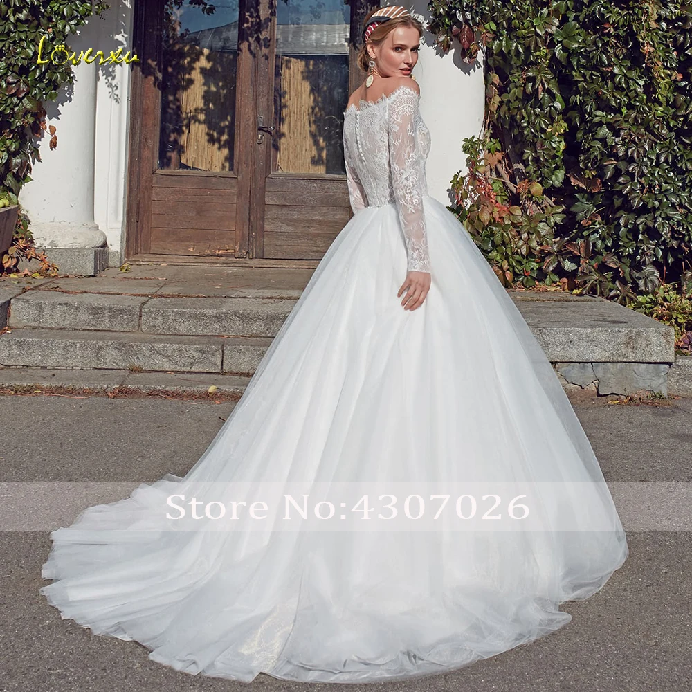 Loverxu, шикарное бальное платье с вырезом лодочкой, свадебные платья, Аппликации, кружева, длинный рукав, на пуговицах, платье невесты, со шлейфом, свадебное платье размера плюс