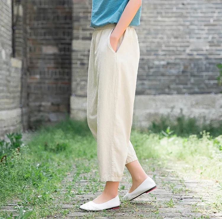 Johnature Loose Comfortable Solid Color Pockets Elastic Waist All-match Calf-length Pants 2020 Autumn New Women Straight Pants