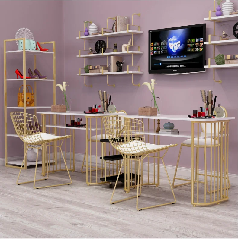 Gold marble manicure table and chair single double table manicure shop and chair set combination