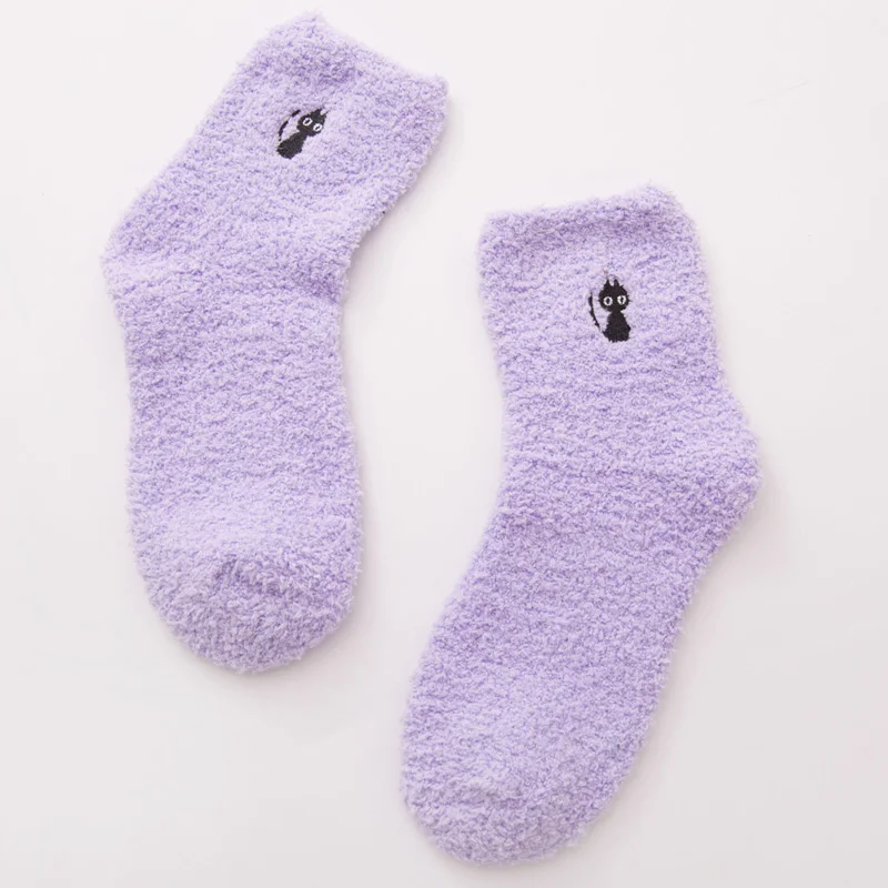 Jerrinut женские зимние теплые шерстяные носки милые коралловые бархатные пушистые носки Kawaii повседневные одноцветные домашние носки-тапочки 1 пара - Цвет: Cat-purple
